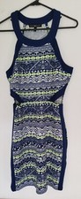 DEREK HEART Womens Halter Dress Size LARGE Blue Multicolor Geometric Open Sides