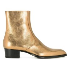 Mens Gold Leather Ankle Knight Chelsea Boots Pointy Toe Side Zipper Block Shoes