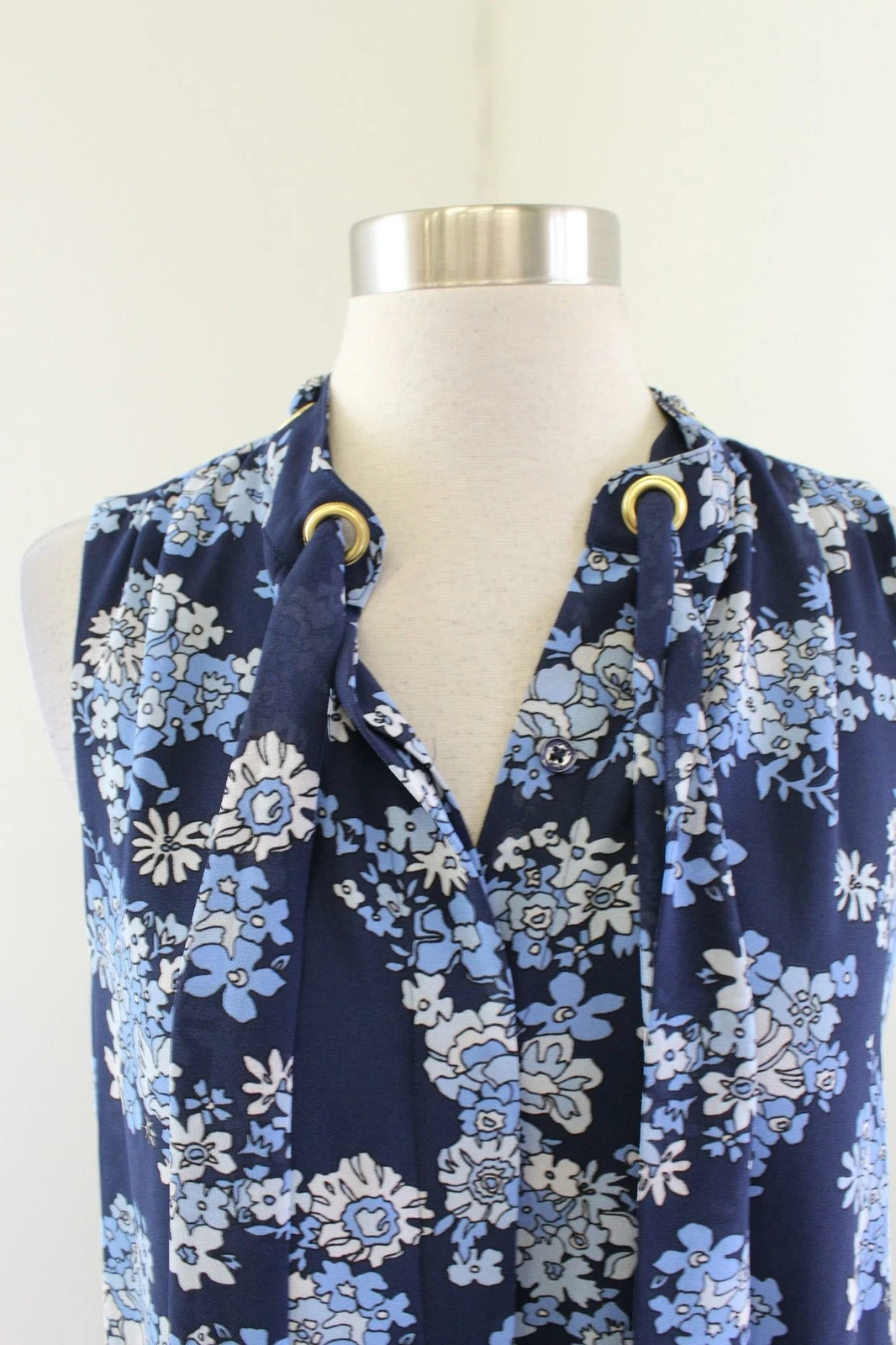 NWT Michael Kors Blue Floral Tie Neck Pussybow Shift Dress Size M Spring Button
