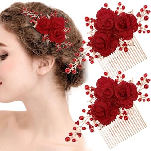 2 Pcs Red Flower Hair Comb Gold Rose Bridal Side Combs  display picture 1
