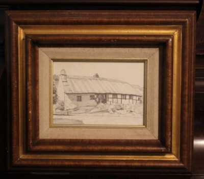 English cottage hand drawn architectural pencil drawing, fine details, framed