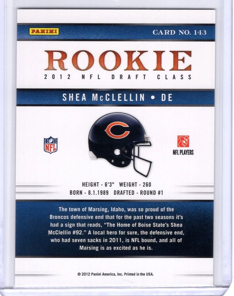 2012 Panini Elite Rookie #143 Shea McClellin RC 951/999 - Image 2 of 2