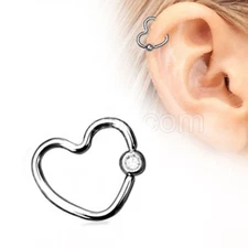 Captive Lip Ear Daith Ring 16 Gauge 5/16" Heart Clear Gem Ball Steel