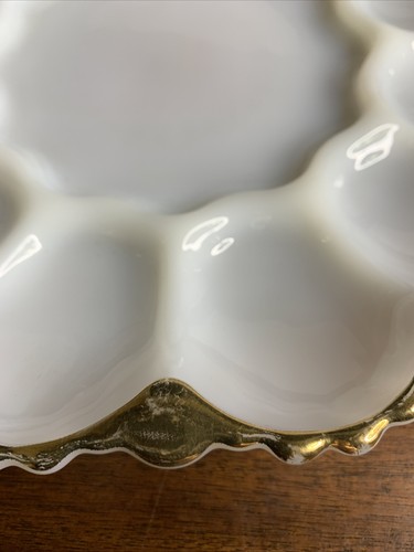Deviled Ei Servierschale weiß Milchglas mit Goldrand 10 Zoll überbacken - Bild 5 von 6