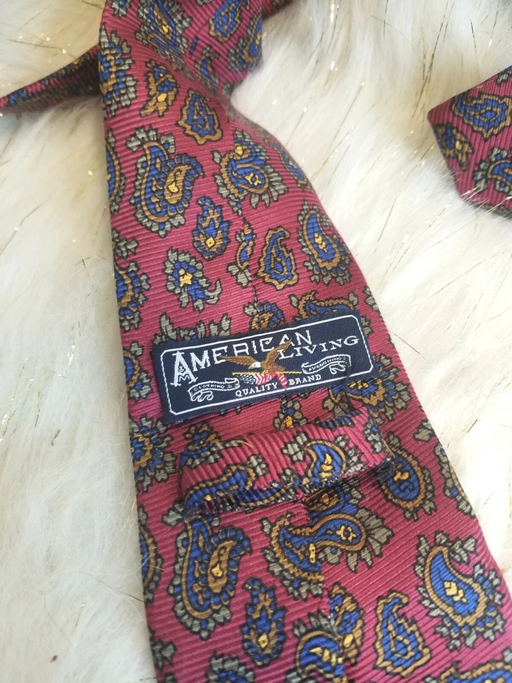 Corbata American Living roja/azul marino/verde, cachemira clásica, 100 % seda hecha a mano Foto 3 de 4