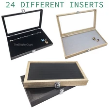 Wooden Jewelry Display Case Organizer Glass Lid & Ring/Jar Insert - Black/Burlap