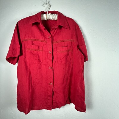 Carla Ferroni by Lady Jane Womens Linen Shirt Size 48 Red Embroidered Trim Italy