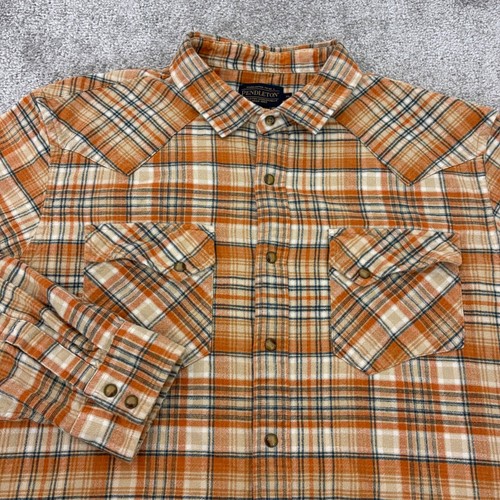 Pendleton Flannel Shirt Mens Extra Large Snap Western Plaid Wyatt Orange