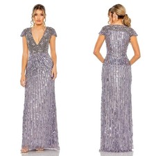Mac Duggal Heather Gray Purple V Neck Cap Sleeve Embellished Gown Size 18 $998