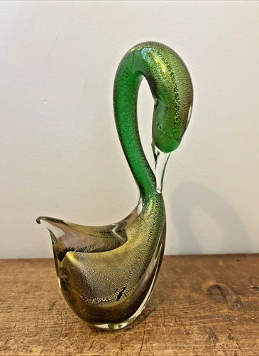 Vintage Zane Murano Green Aventurine Italian Art Glass Swan ~ Signed