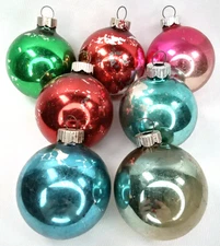 MCM Christmas Ornament Shiny Brite Multicolor Glass Set Of 7 Made In USA 1950s