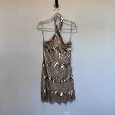 Aidan by Adrianna Papell Dress Womens 10 Beige Silver Sequin Fringe Halter Dress