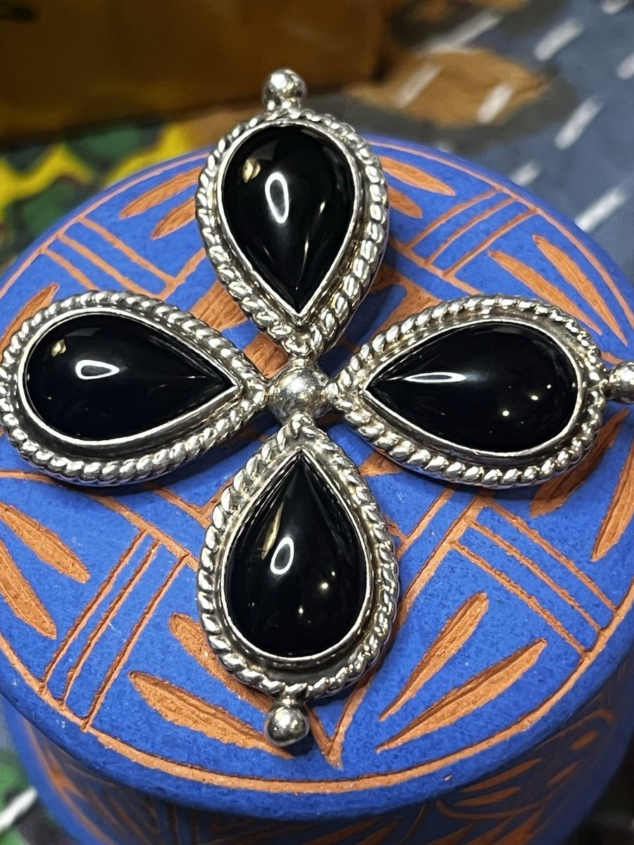 Vintage Taxco Sterling Silver 925 Clover Shape Enhancer Black Glass View 5