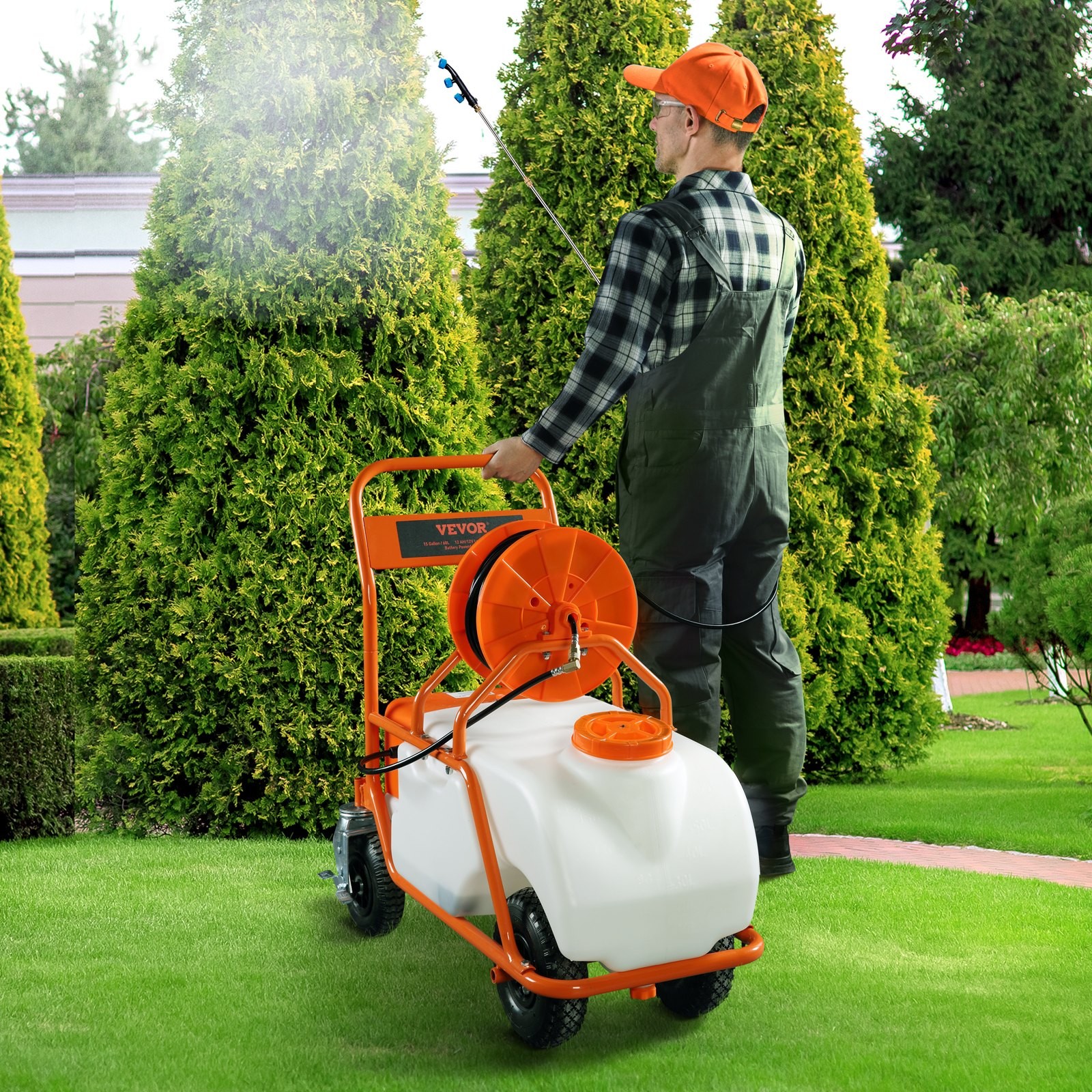 New Battery Powered Lawn Sprayer on Wheel, 0-90 PSI AdjNewtable Pressure, 15 Gal