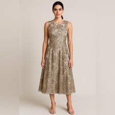 Hitherto Metallic Floral Embroidered Dress Gold Silver Fit Flare USA Made Sz 6