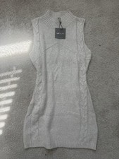LE LIS Ivory Wool Cable Knit Sleeveless Mock Neck Sweater Dress Pullover M