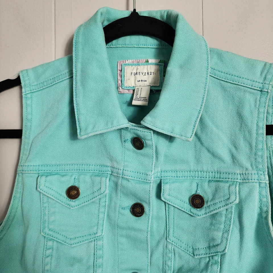 Forever 21 Y2k Vintage Denim Chaleco Jean Chaqueta Algodón Azul Teal Pequeño Foto 2 de 4