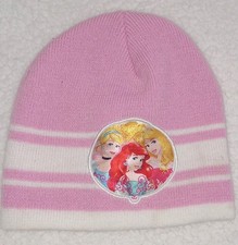 Disney Girls Pink White Striped Knit Beanie Ariel Aurora Cinderella 100 Acrylic