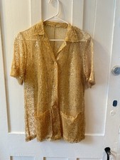 Vintage 70s Metallic Gold Lace Sheer Short Sleeve Top