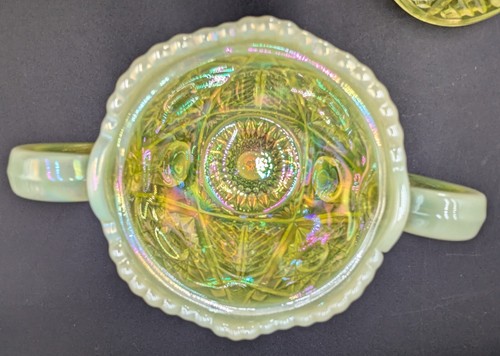 MOSSER URANIUM VASELINE GLASS OPALESCENT CREAMER AND SUGAR DISH WITH LID - Picture 14 of 17