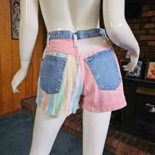 Vtg 80s 90s Pink Pastel Fruit Stripe Preppy Denim High Waist Mini Jean Shorts S