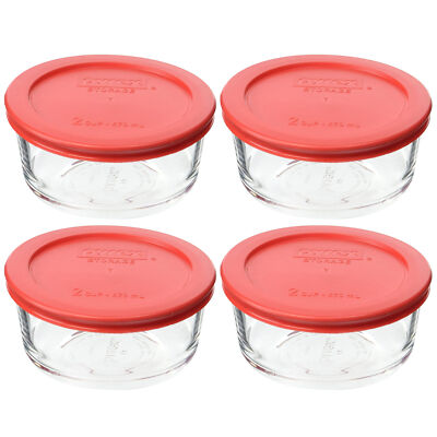 Pyrex (4) 7200 2-cup Glass Bowls, & (4) 7200-PC Red Plastic Lids | eBay