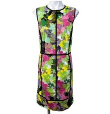 Calvin Klein Pink Green Floral Print Shift Swing Dress Size 8 Black Trim #b9