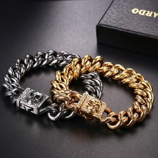 Punk Gothic Skull 15MM Miami Cuban Chain Bracelet Stainless Steel Heavy for Men