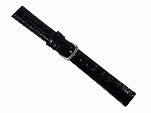 Watch Band Bracelet with Clasp Crocodile Glossy Leather 10 mm Black