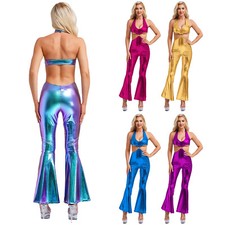Women Bodysuit Outfits Jumpsuit Pants Rompers Stage Metallic Holographic Shiny