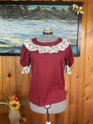 Medium Deep Red Floral Peasant Shirt Blouse Swing Line Square Dance Ruffle Bow