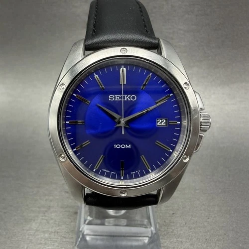 Seiko Watch Men 40mm Blue Dial Silver Tone Date Round 7N42-0FH0 New Battery