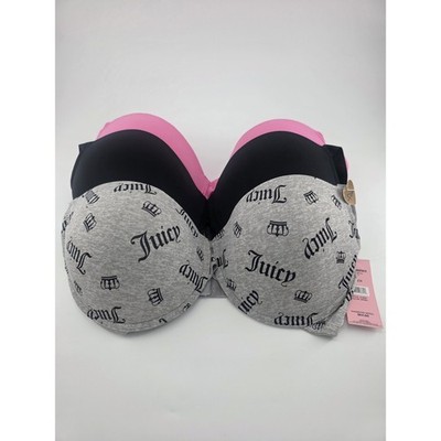 Juicy Couture 3 Pack Bras 38DD Show Off Underwire Grey Pink Black Logo NWT