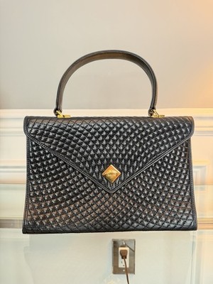 Vintage Blue Bally Woven Leather top Handle Bag Gold Clasp Made In Italy ￼