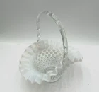 Vintage Fenton Hobnail White Opalescent Basket w/Clear Handle 8.5” White