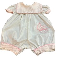 Vintage Toddle Tyke Romper NB Sailboat Teddy Pink Stripe Trim Made USA 6  12 lbs