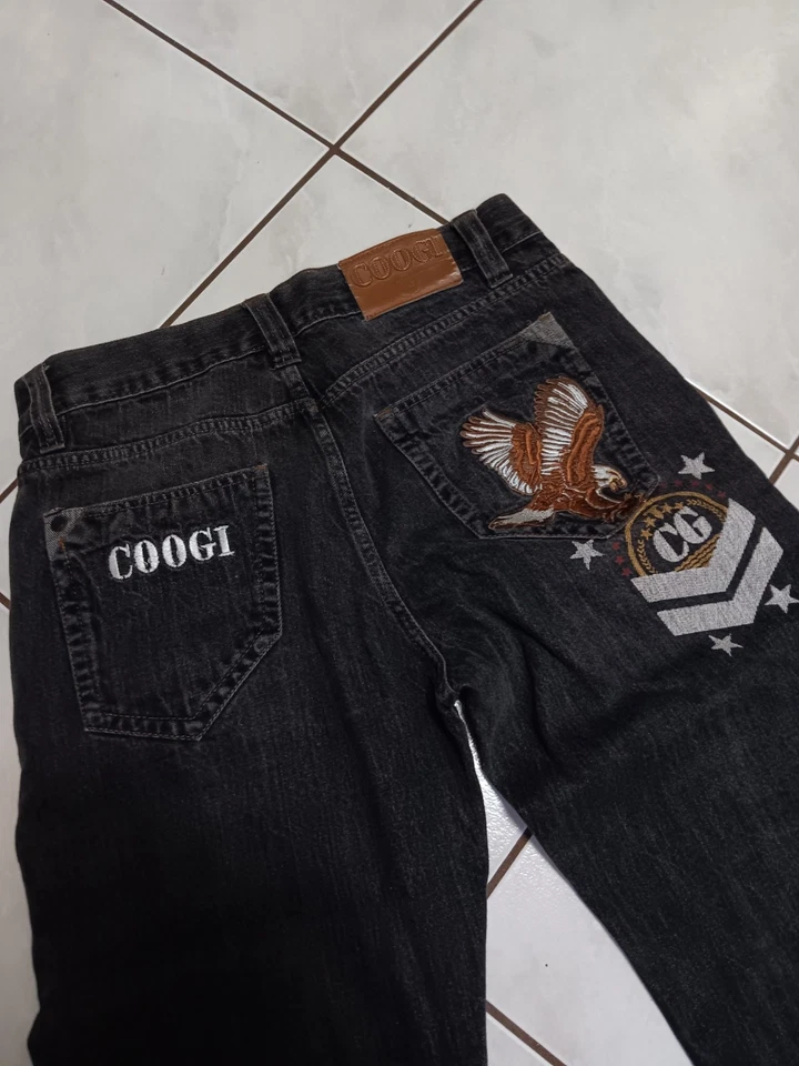 Y2K Coogi Hip Hop Baggy Eagle Embroidered Dark Denim Jeans Tag 32x34 - Image 2 of 4