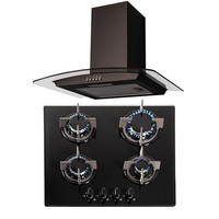 SIA 60cm 4 Burner Black Gas On Glass Hob And Curved Glass Cooker Hood Extractor