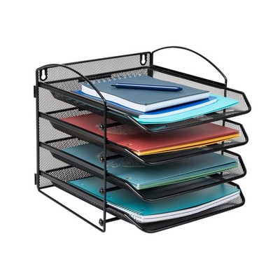 4Tier Paper Tray Desktop Organizer Wall Mountable File Metal Mesh Black