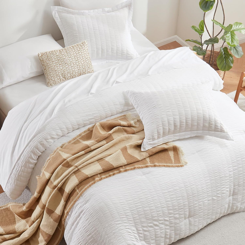 Queen Comforter Set White Seersucker 7 Pieces Bed in a Bag Queen Comforter Set w - Picture 4 of 12