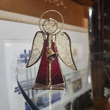 Stained Glass Angel Figurine Tea Light Candle Holder Red  Gold 4.5" T Holiday