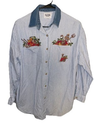 Vtg Solutions Striped Denim Collar Shirt Autumn Fall  Scarecrow Embroidered Sz L