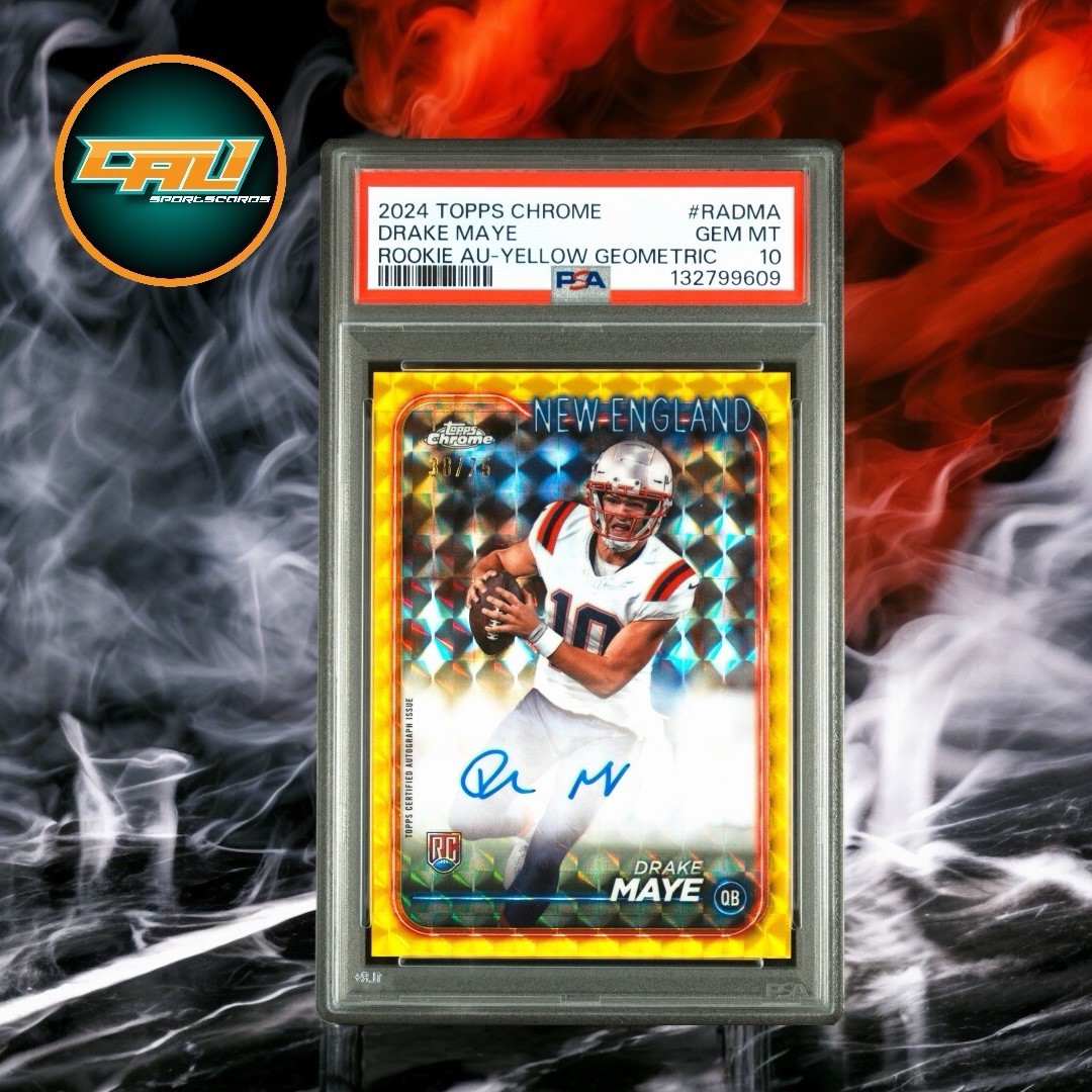 2024 Drake Maye Topps Chrome Yellow Geometric On Card Auto 38/75 RC PSA 10