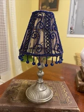 Small Candle Lamp With Beaded Shade Navy Blue And pewter Base. 10” Tall