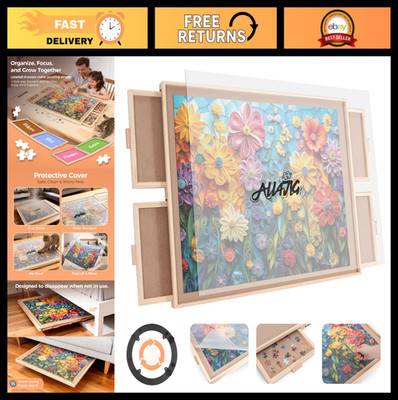 1000-Piece Rotating Puzzle Board with 4 Drawers - Portable Wooden Jigsaw Table,