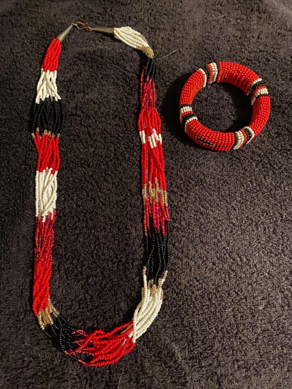 Handmade Maasai beaded bangle bracelet & a multi-strand seed bead necklace