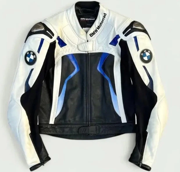 BMW Motorrad Men's White Leather Biker Jacket CE Armored Motorcycle Coat