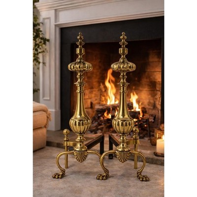 Antique 19th Century Brass Fireplace Andirons   22'' Colonial Hearth Log Holders
