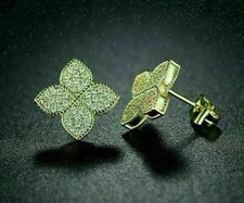 Real Moissanite 2Ct Round Cut Fancy Flower Stud Earrings 14K Yellow Gold Plated