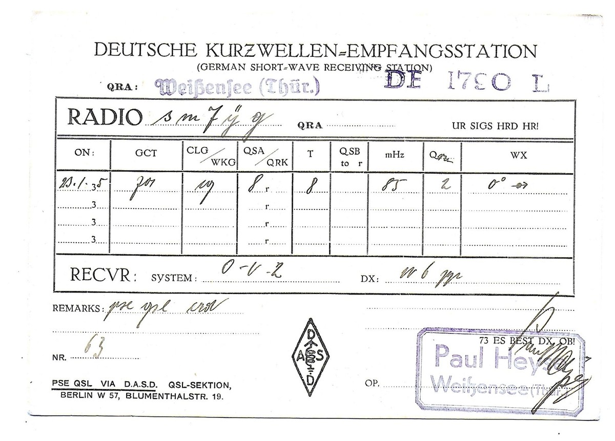 QSL Radio DE1790L Weissensee Thüringen Germany ham 1935 Paul Heyse